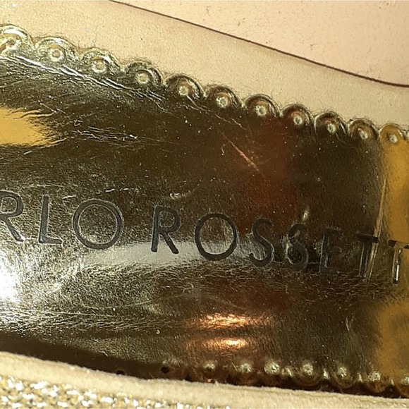 Carlo Rossetti Gold Weave Fabric  Faux Leather Peep Toe Size 7 High Heels - Picture 5 of 8